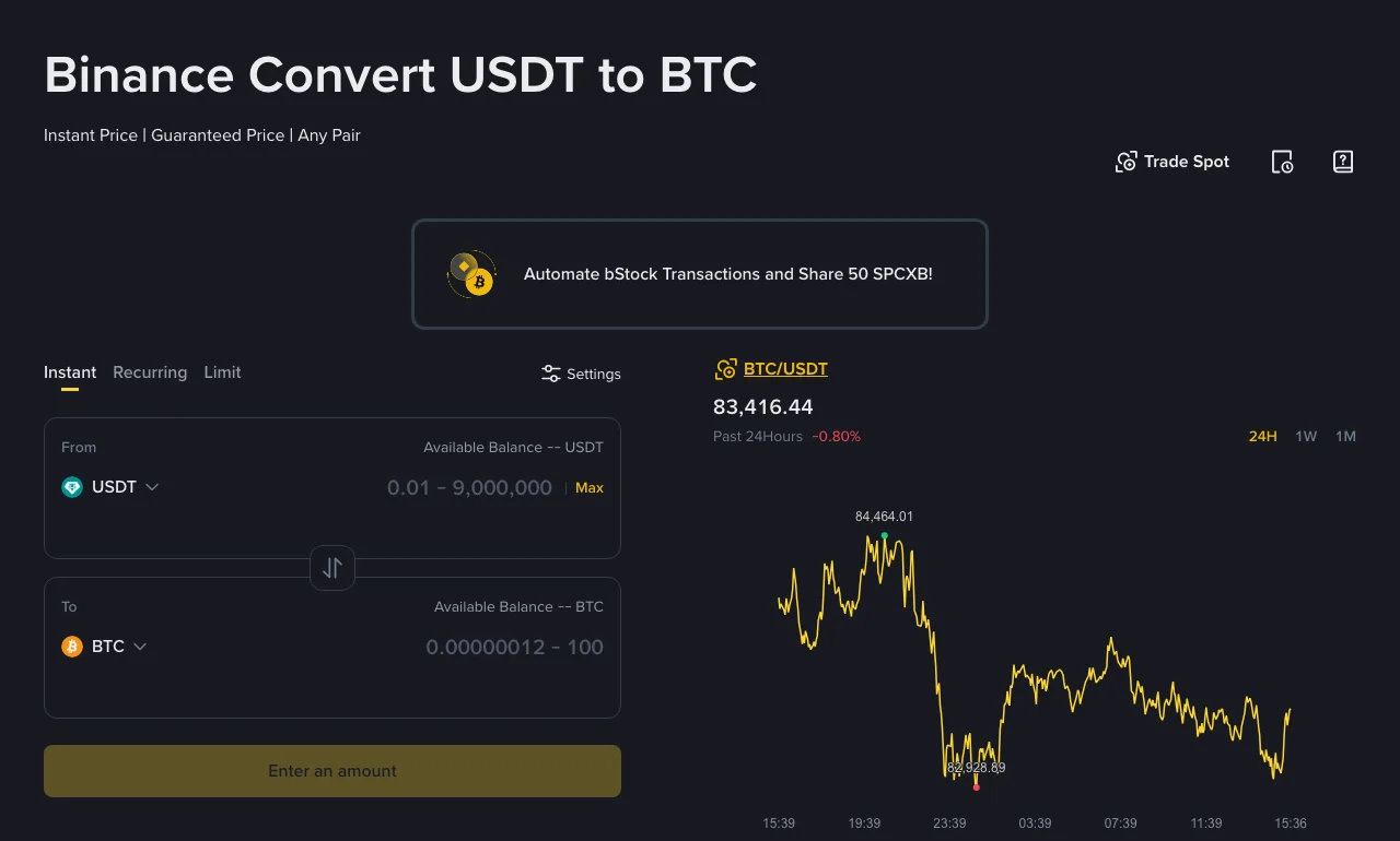Binance Convert page in Instant mode for USDT to BTC, showing the Instant, Recurring and Limit tabs and an allowed input range of 0.01 to 9,000,000 USDT