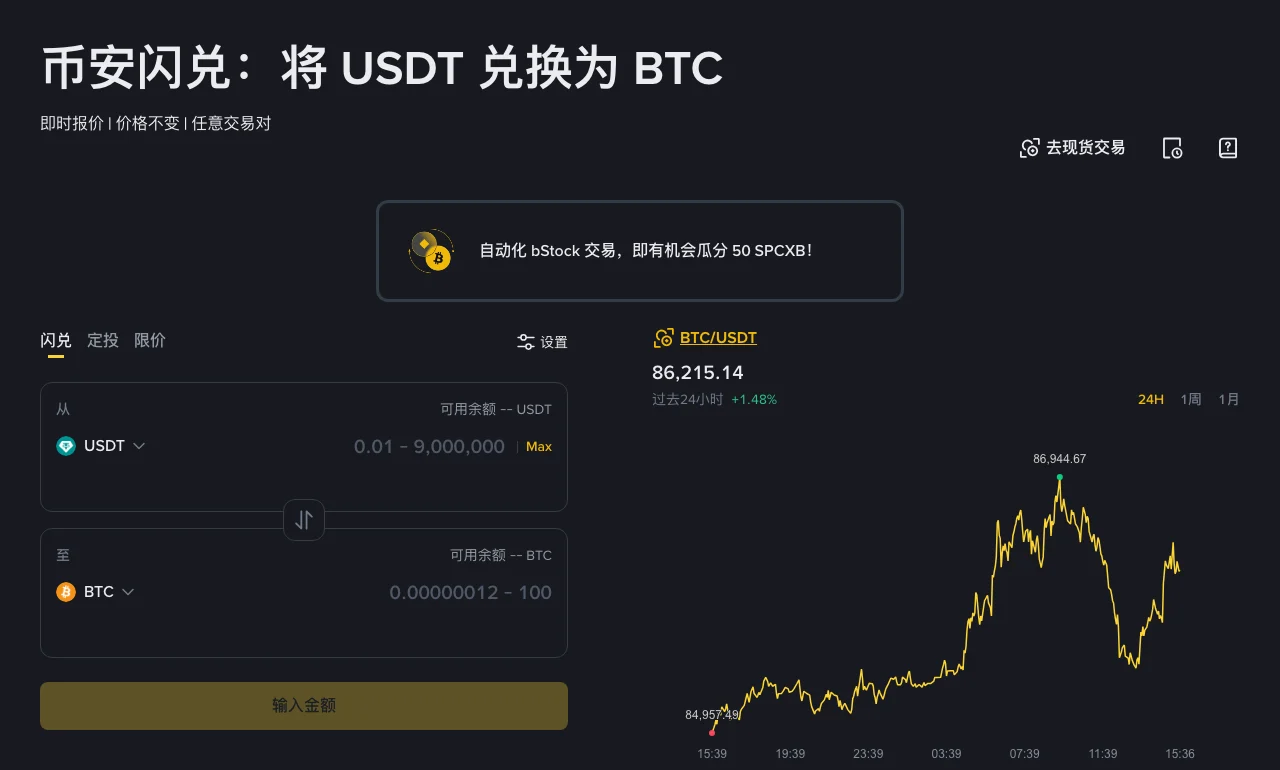 币安中文闪兑页面截图：USDT 兑换 BTC 的闪兑模式，顶部有闪兑、定投、限价三个标签，输入框显示允许金额 0.01 至 9,000,000 USDT，右侧为 BTC/USDT 24 小时走势