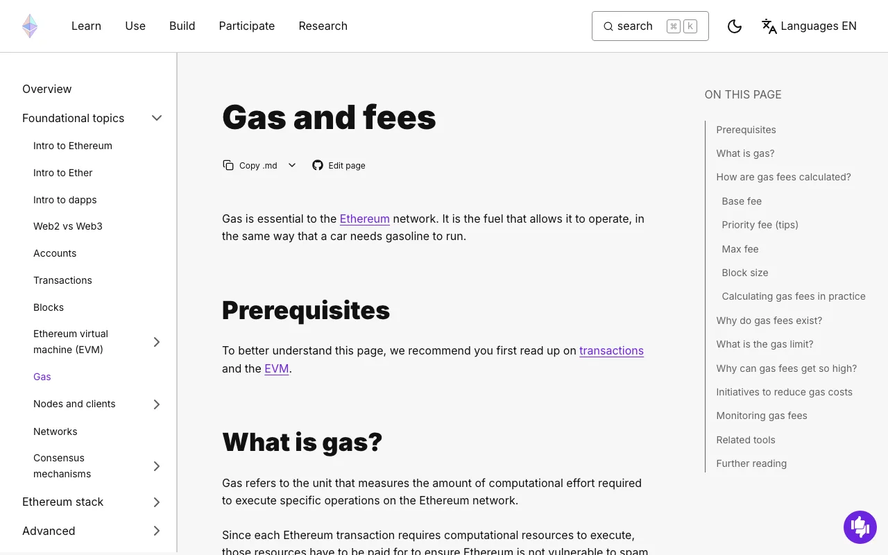 ethereum.org 的 Gas and fees 官方文档页面,画面显示 Gas and fees 标题、What is gas 定义和费用章节目录