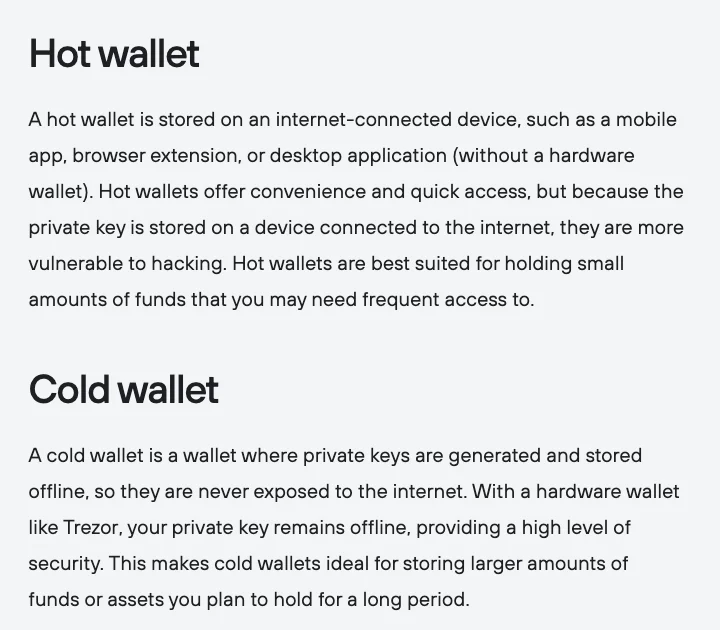 Trezor Learn's definitions of a hot wallet, stored on an internet-connected device and suited to small amounts, and a cold wallet, whose private keys are generated and stored offline
