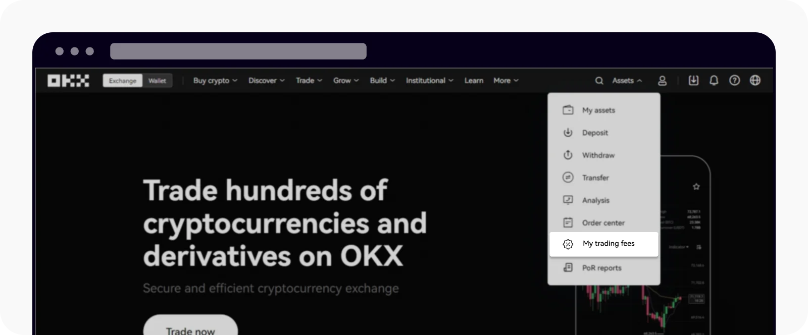 OKX website with the Assets menu open and My trading fees highlighted