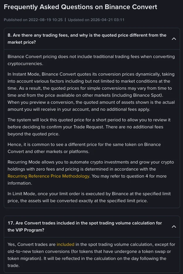 Binance Convert FAQ questions 8 and 17 explaining that Convert has no traditional trading fees, the quote is the amount received, and Convert trades count toward VIP spot volume