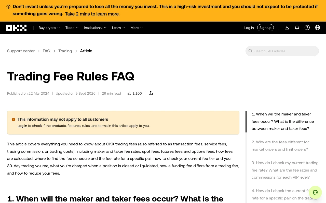 OKX Trading Fee Rules FAQ page showing the article title, its 9 September 2026 update date, a regional-applicability notice and the maker/taker section