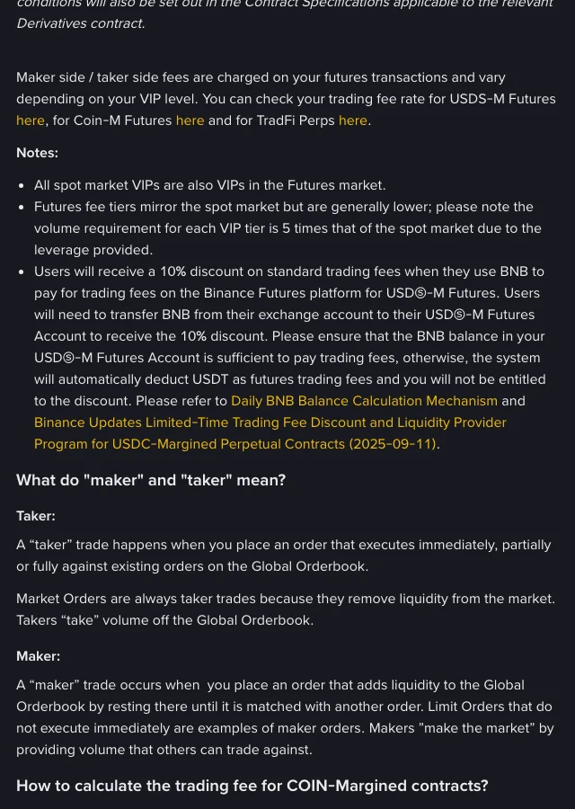 Binance FAQ "Binance Futures Fee Structure & Fee Calculations" showing notes that spot VIPs are also futures VIPs, that futures VIP volume requirements are five times spot, the 10% BNB discount on USDⓈ-M Futures, and the definitions of maker and taker trades