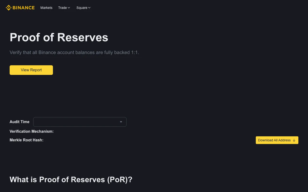 币安官方 Proof of Reserves 页面截图，显示 1:1 资产支持说明、报告入口和验证机制字段